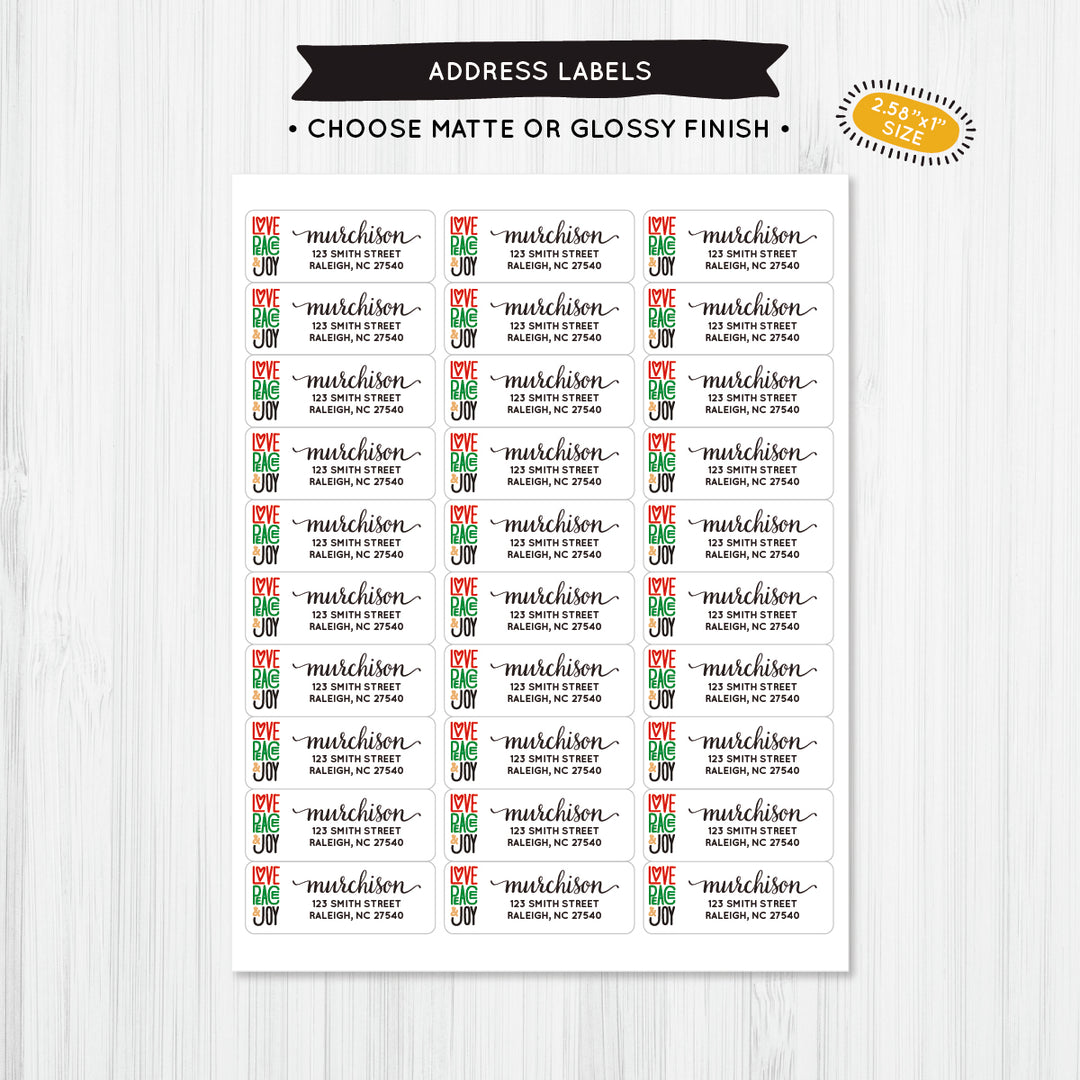 Love Peace Joy Address Label - A Touch of Whimsy Designs